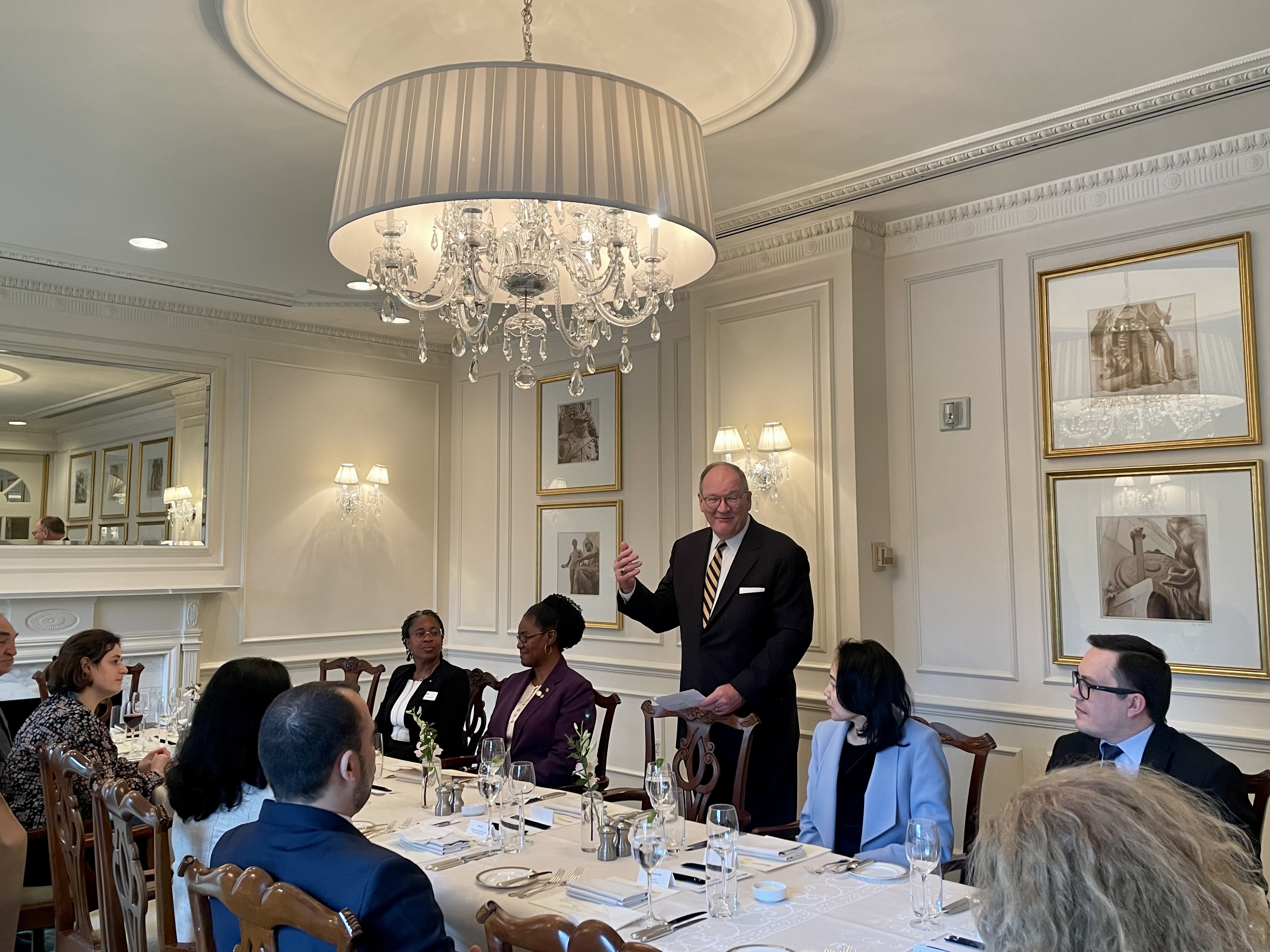 Ambassador Michael Polt speaks to a group of diplomats during the April Diplomatic Roundtable with Minu Ipe on the Future of Higher Education